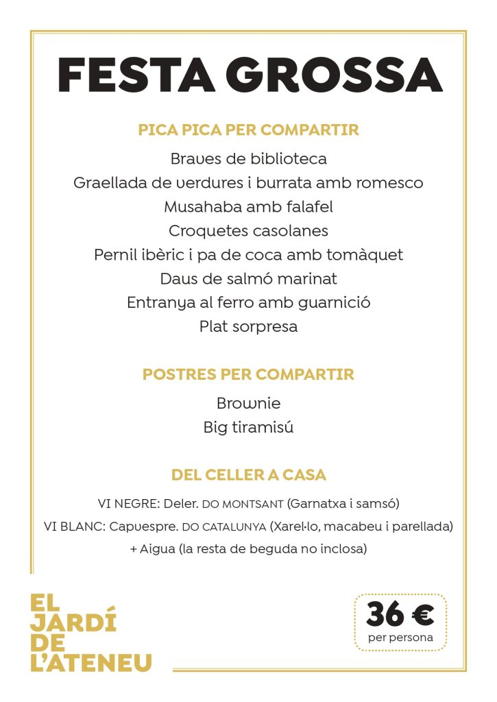 menu de grupos festa grosso en el jardin del ateneu barcelones restaurante